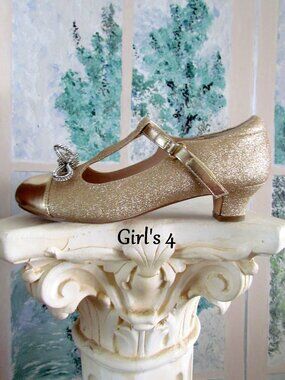 GIRL'S GOLD SHOES, 4, GLITTERY DREAM PAIRS, METALLIC BOWS, T-STRAP, 1.5" HEELS